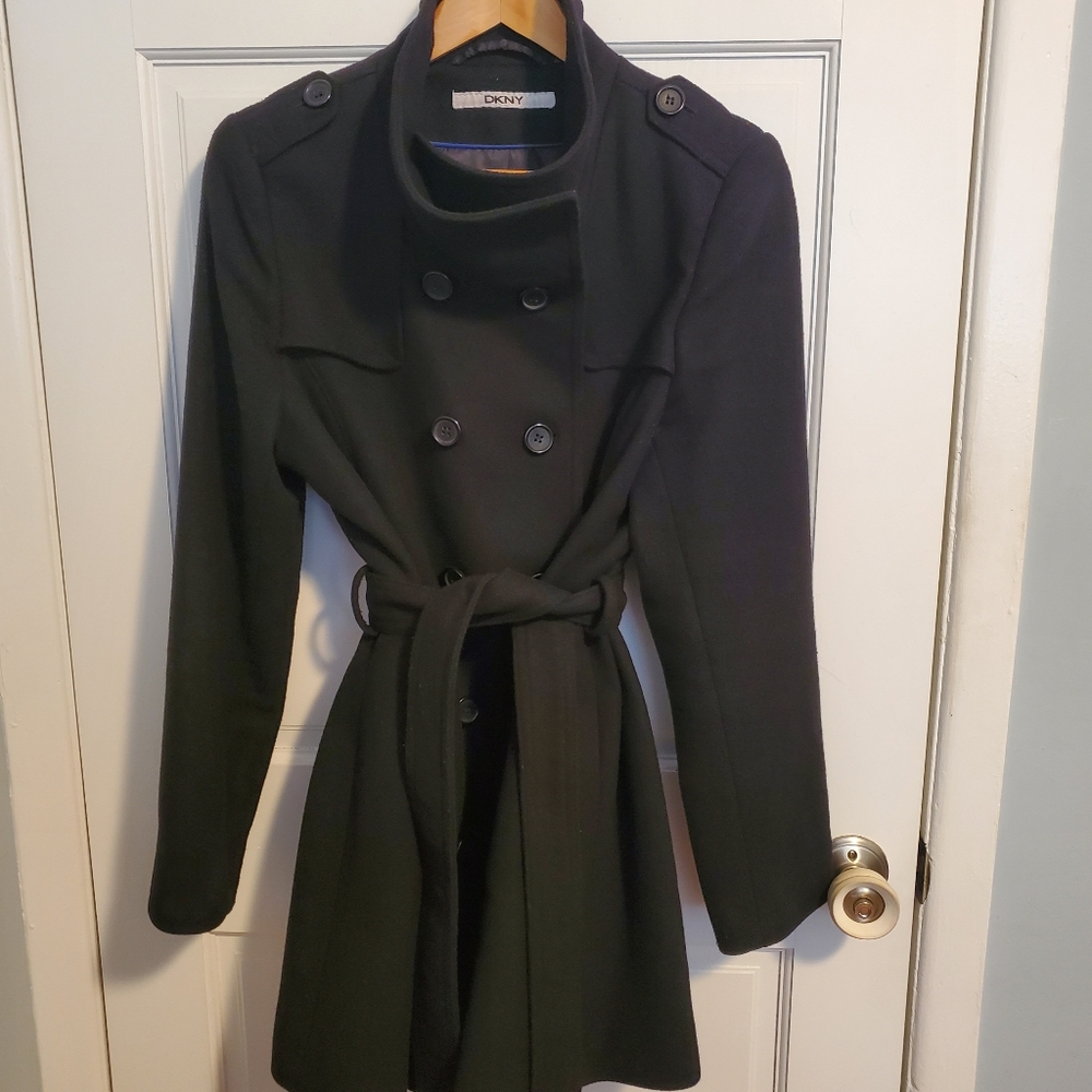 DKNY Women's Wool Blend Black Belted Trench Coat - Picture 3 of 14